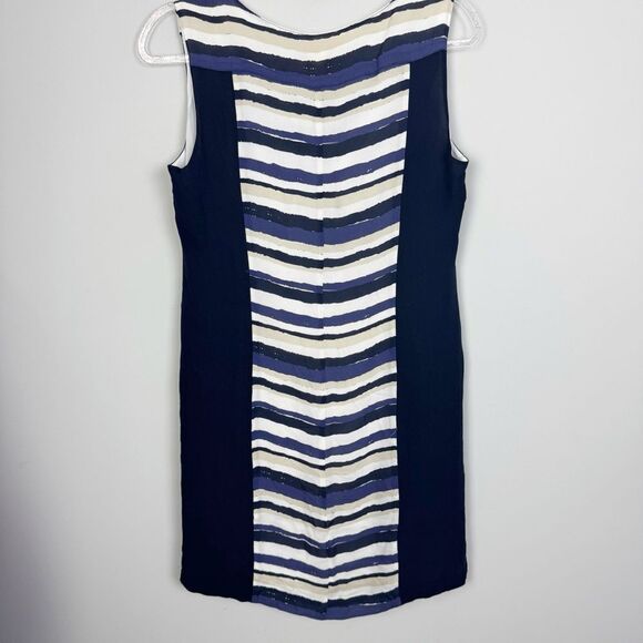 TORY BURCH | Silk Navy Blue, White, Beige, Black Striped Dress Women’s Size 10 - Picture 8 of 8